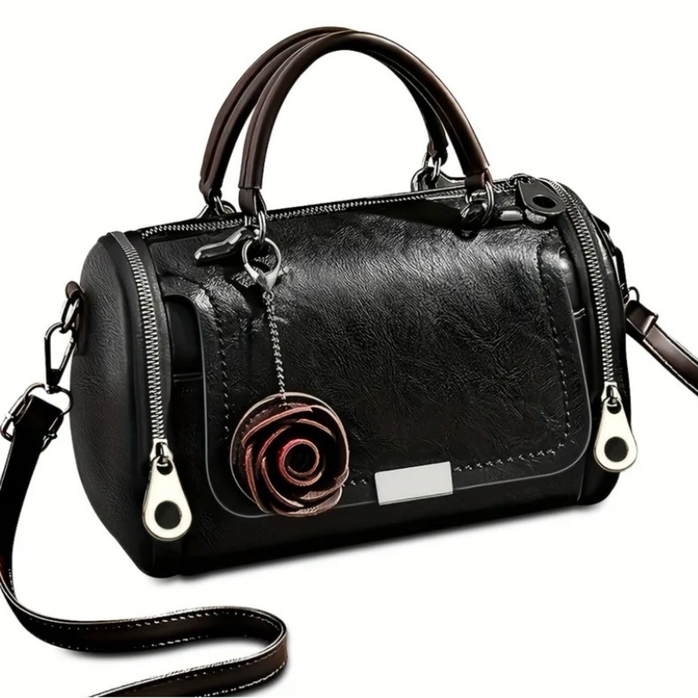 Vintage Boston Vegan Leather Handbag Floral Embellished Pendant w/ Dustbag NIP